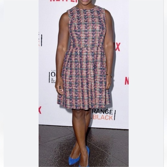 Shoshanna Navy Pink Multicolor Textured Tweed Sleeveless Fit & Flare Dress - Picture 1 of 12